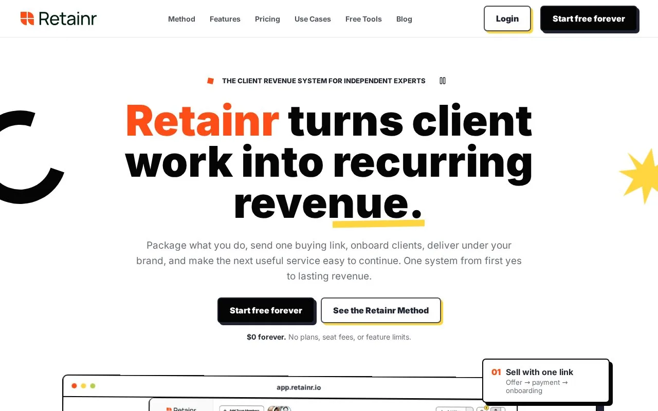 Screenshot of the Retainr homepage