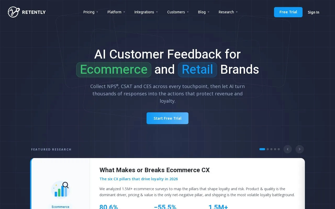 Screenshot of the Retently homepage