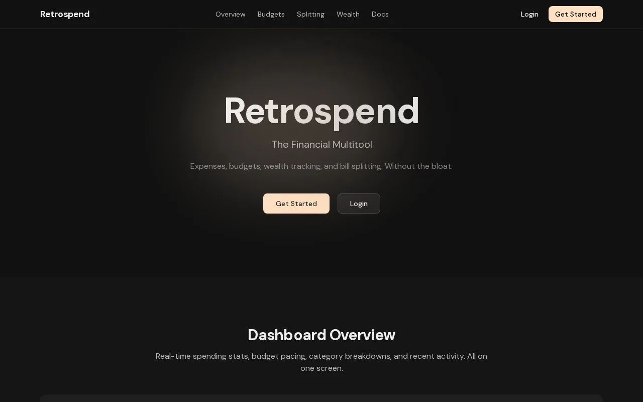 Screenshot of the Retrospend homepage