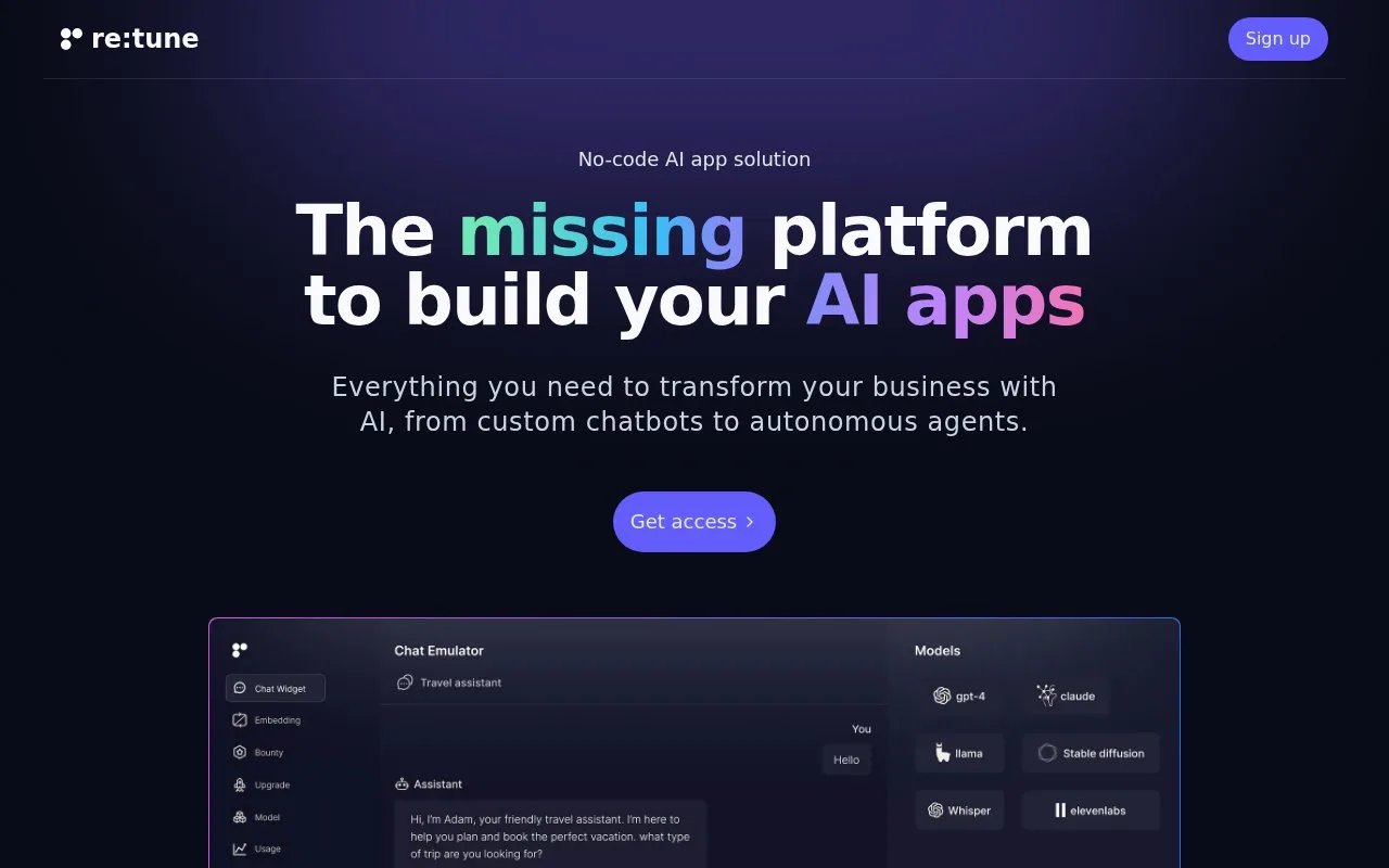 Screenshot of the re:tune homepage