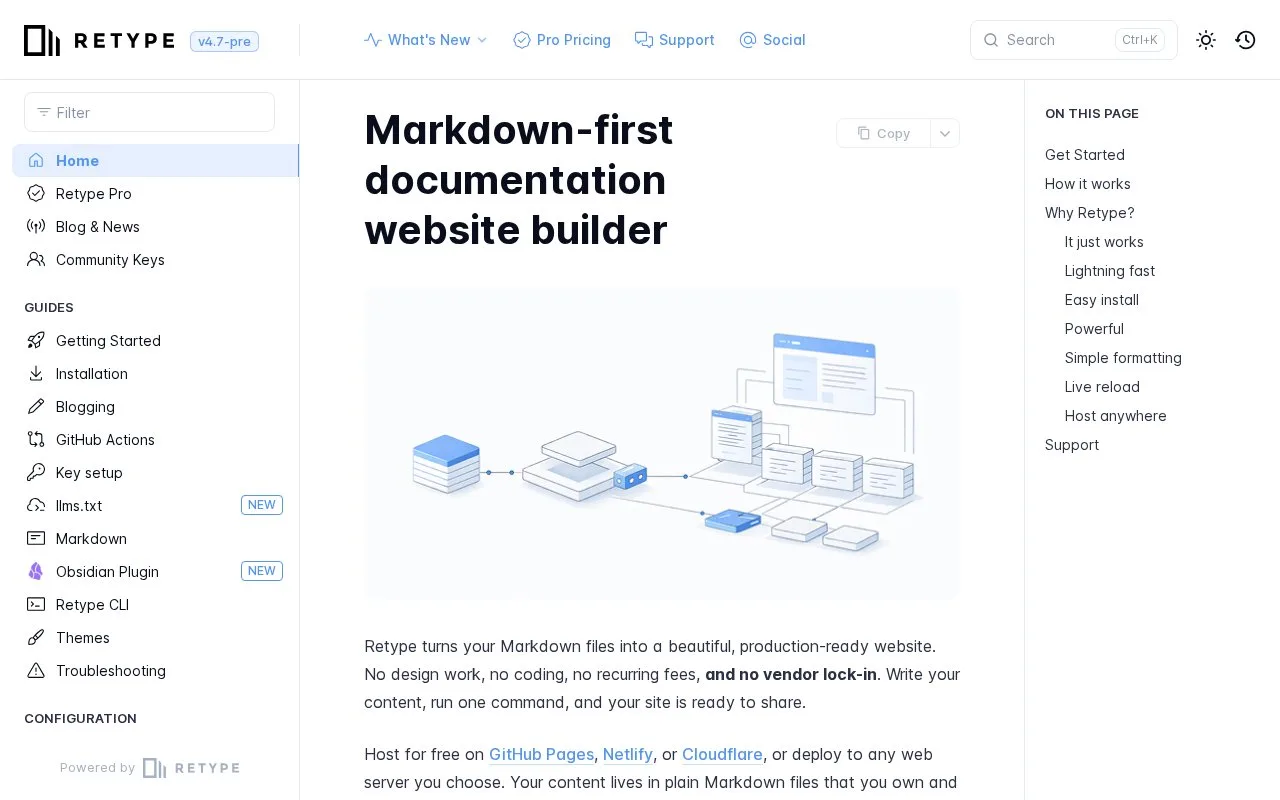 Screenshot of the Retype homepage