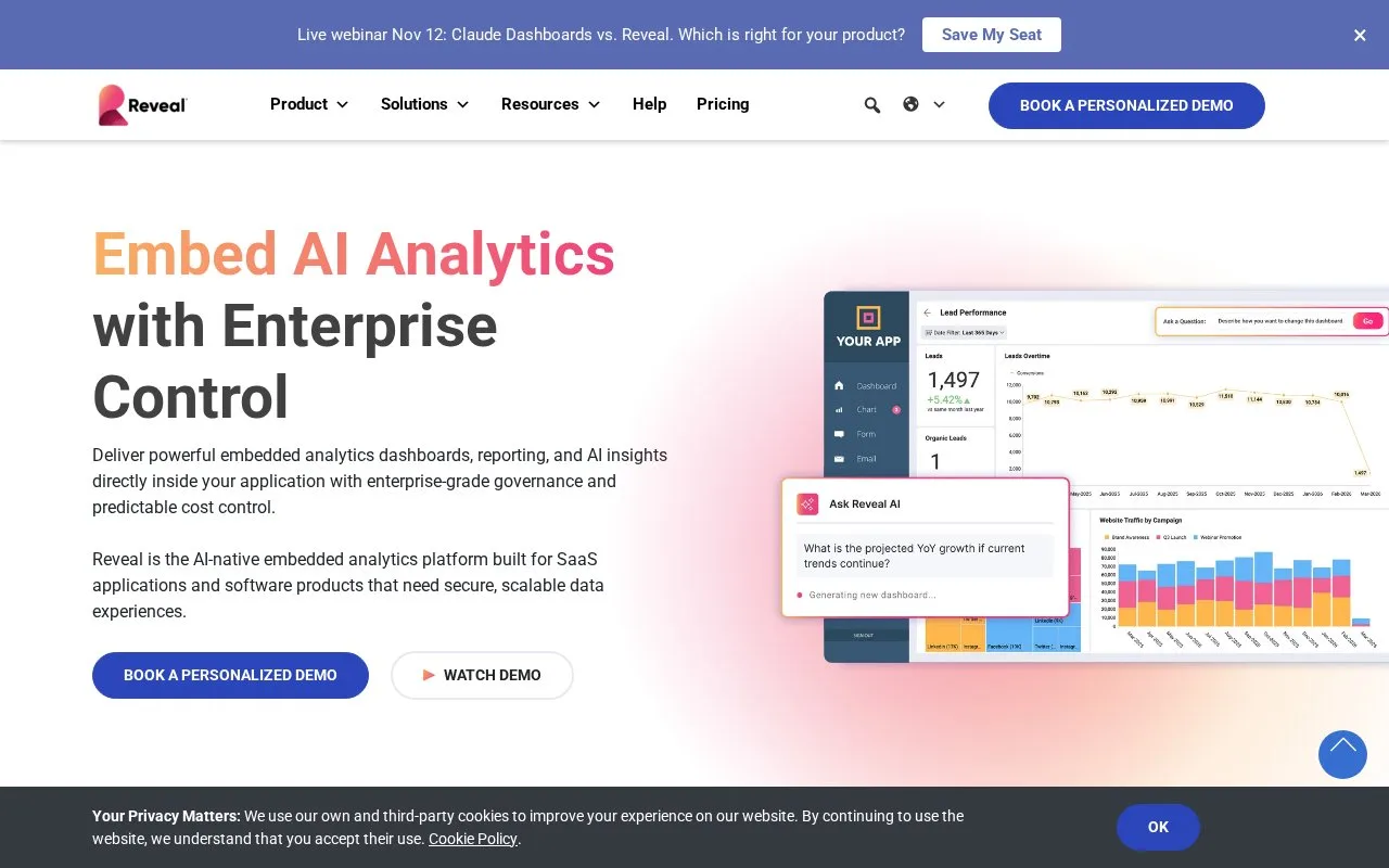 Screenshot of the Reveal BI homepage