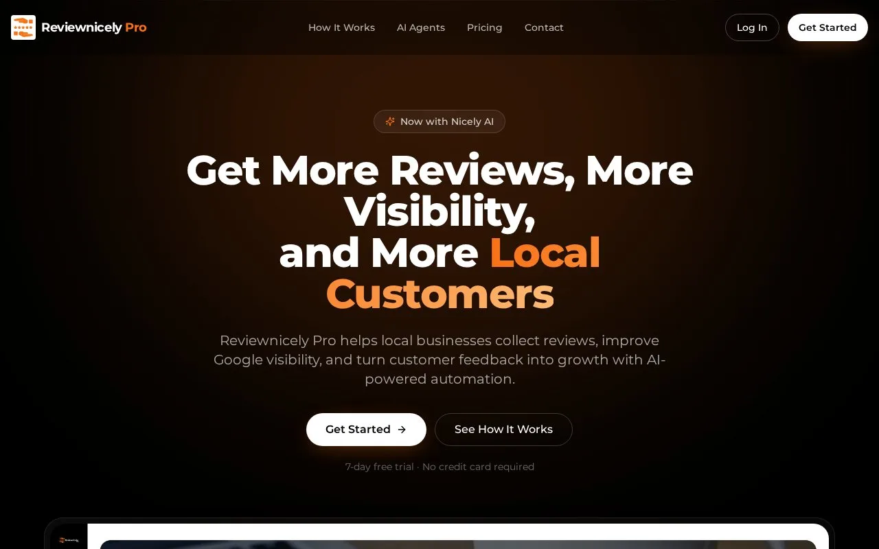 Screenshot of the Reviewnicely Pro homepage