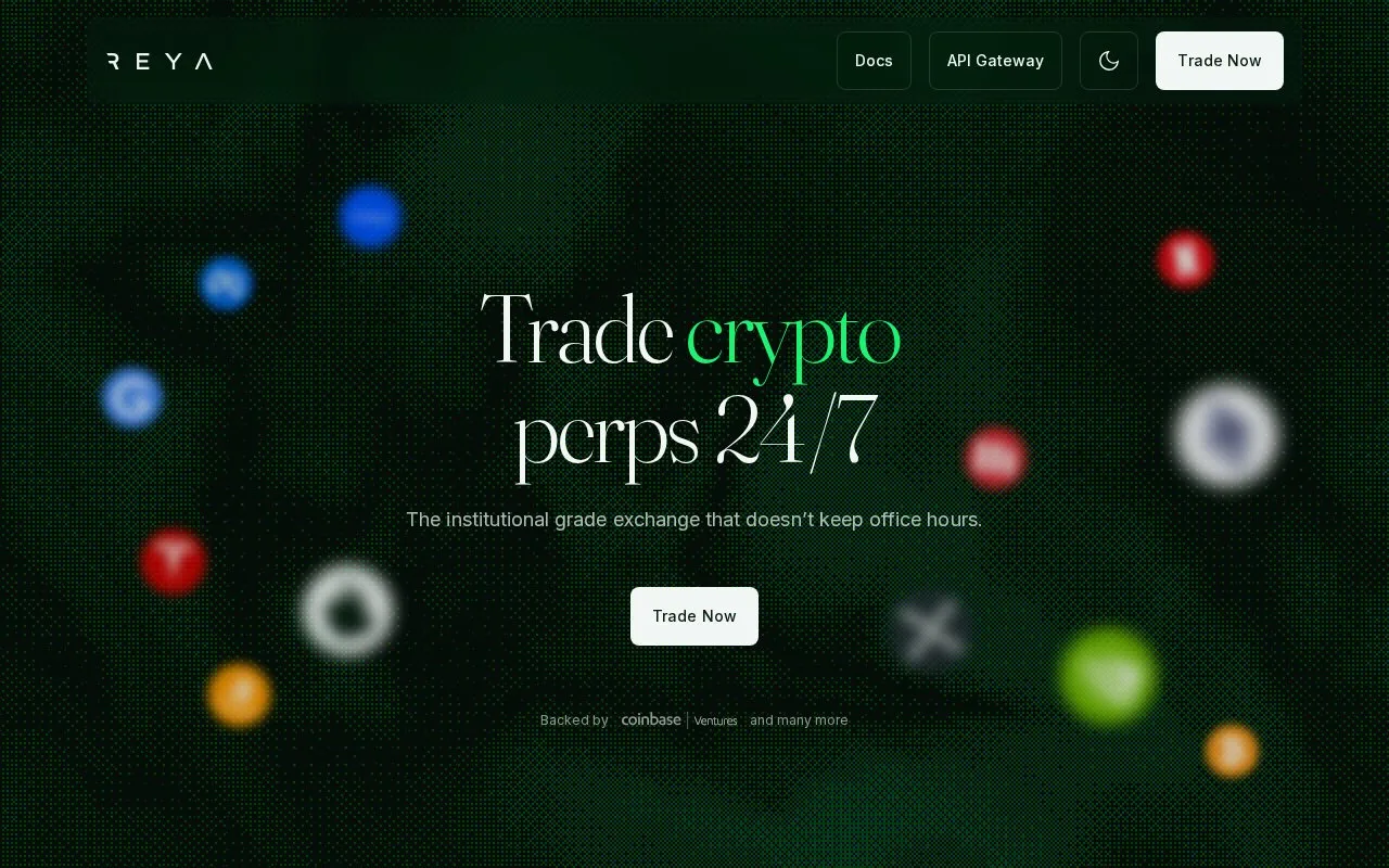 Screenshot of the Reya homepage