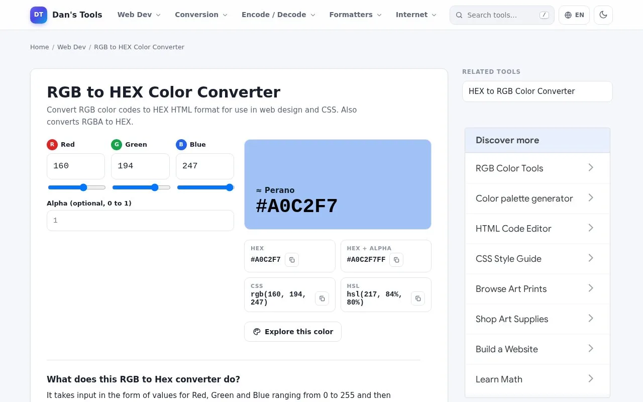 Screenshot of the RGB to HEX homepage