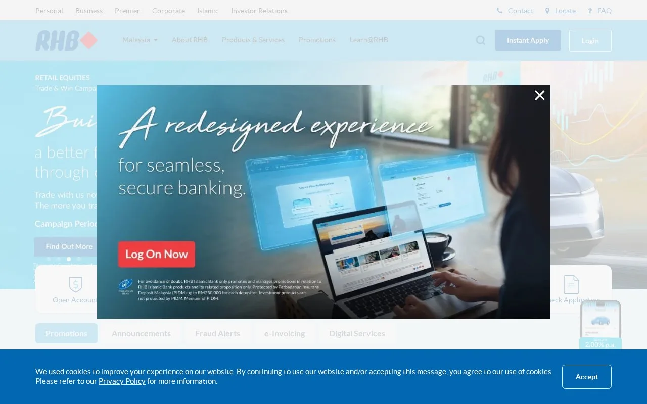 Screenshot of the RHB homepage