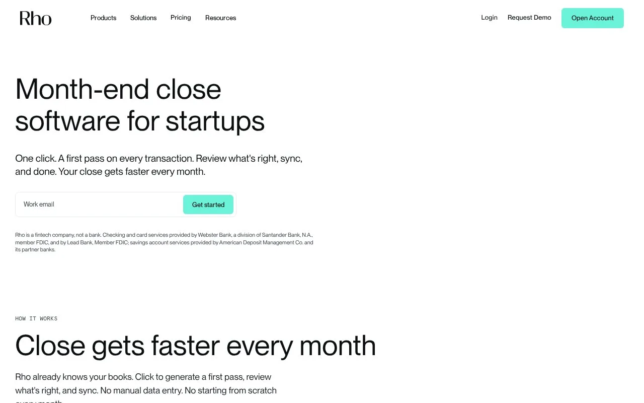 Screenshot of the Rho Close homepage