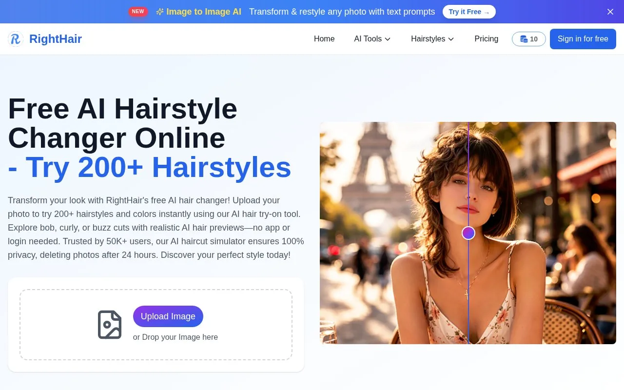 Screenshot of the RightHair homepage