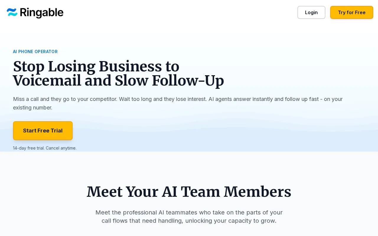 Screenshot of the Ringable homepage
