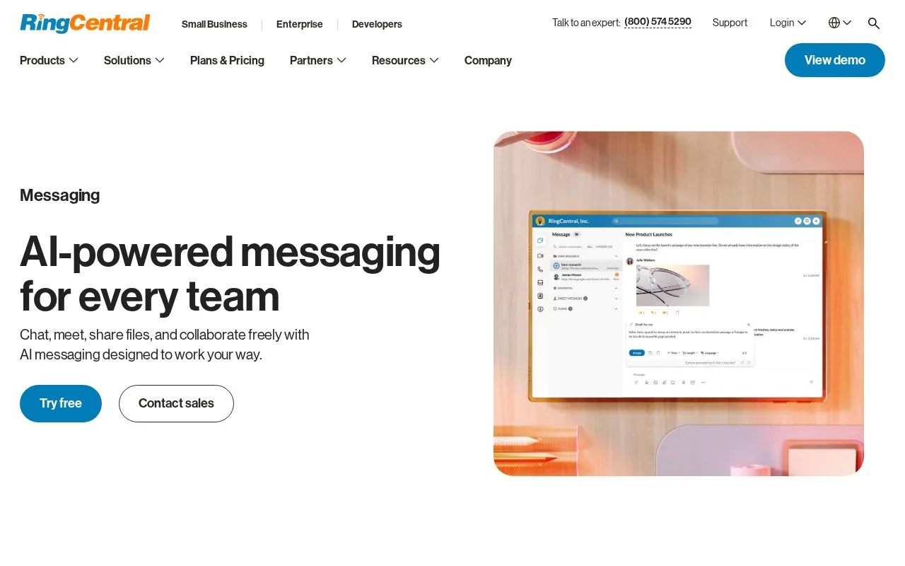 Screenshot of the RingCentral Team Messaging homepage
