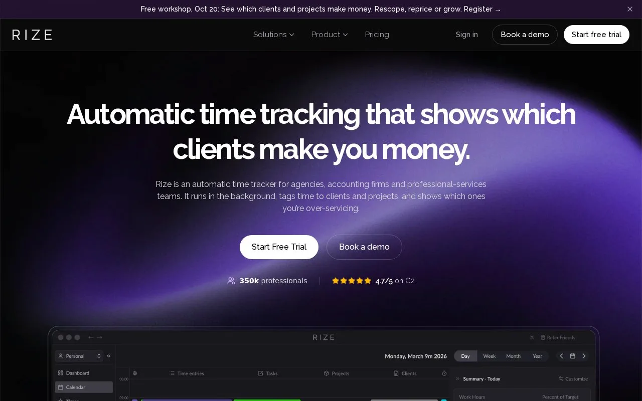Screenshot of the Rize homepage