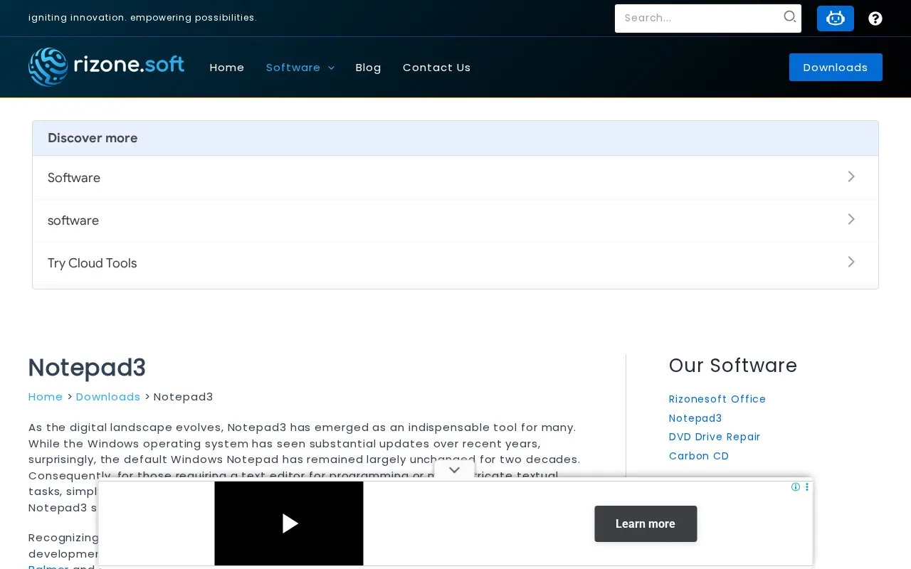 Screenshot of the Notepad3 homepage