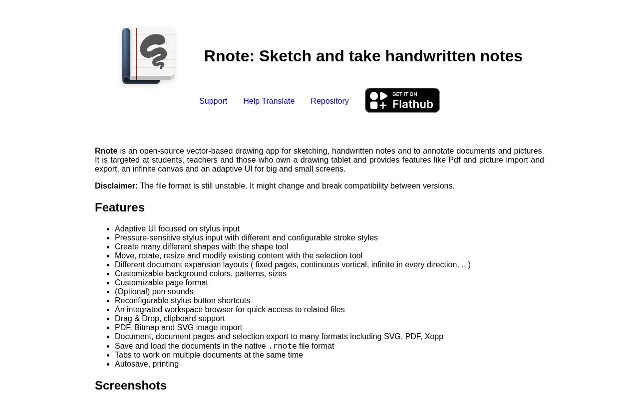 Screenshot of the Rnote homepage