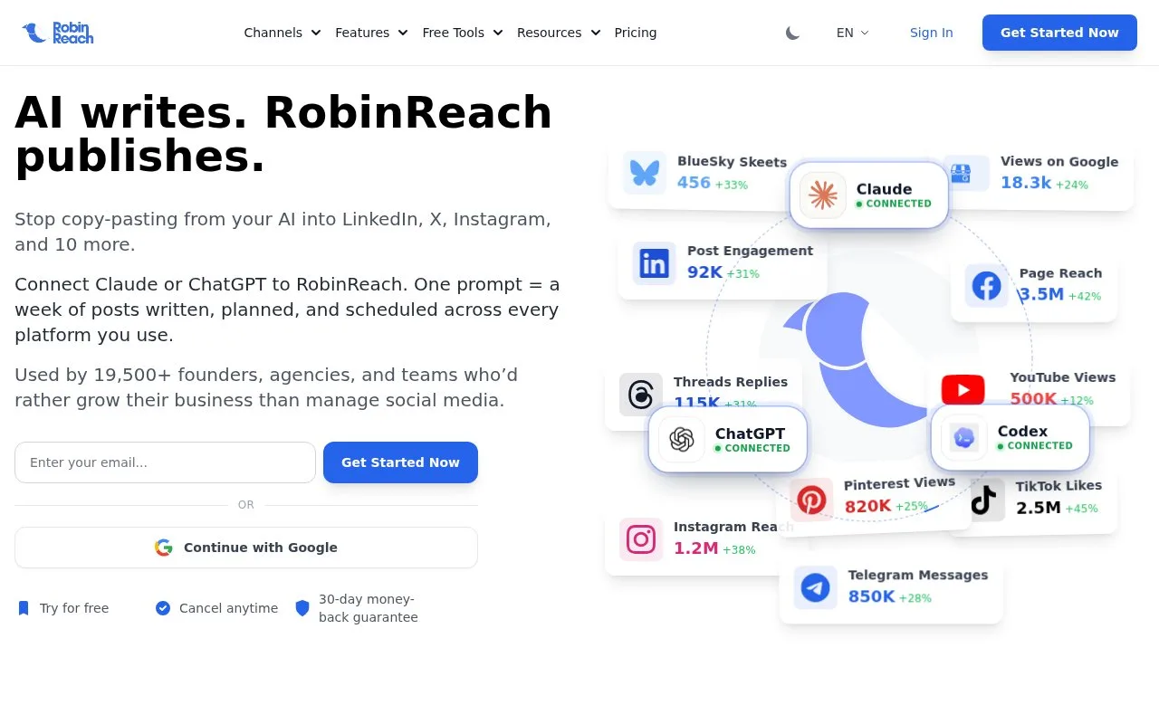 Screenshot of the RobinReach homepage