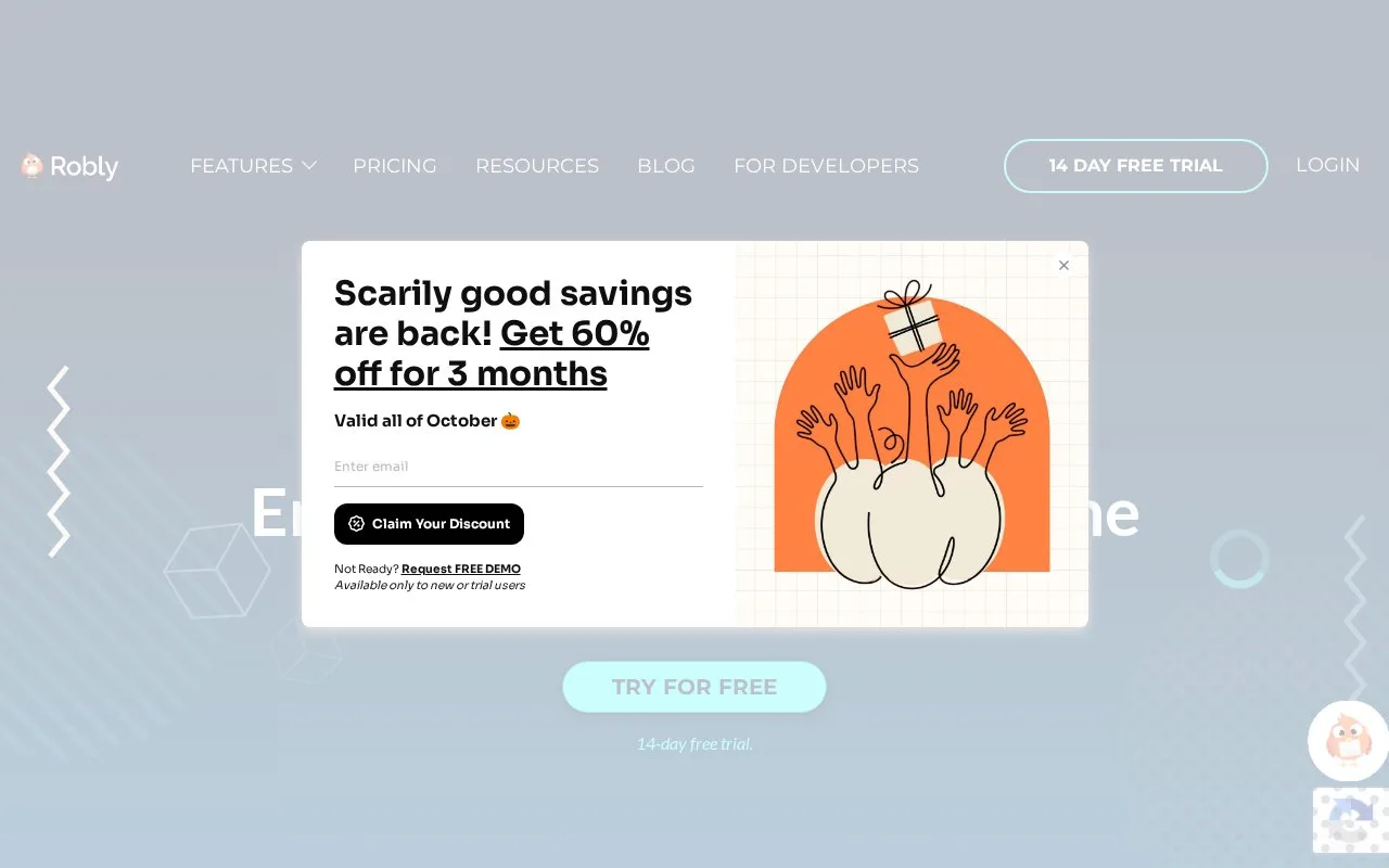 Screenshot of the Robly homepage