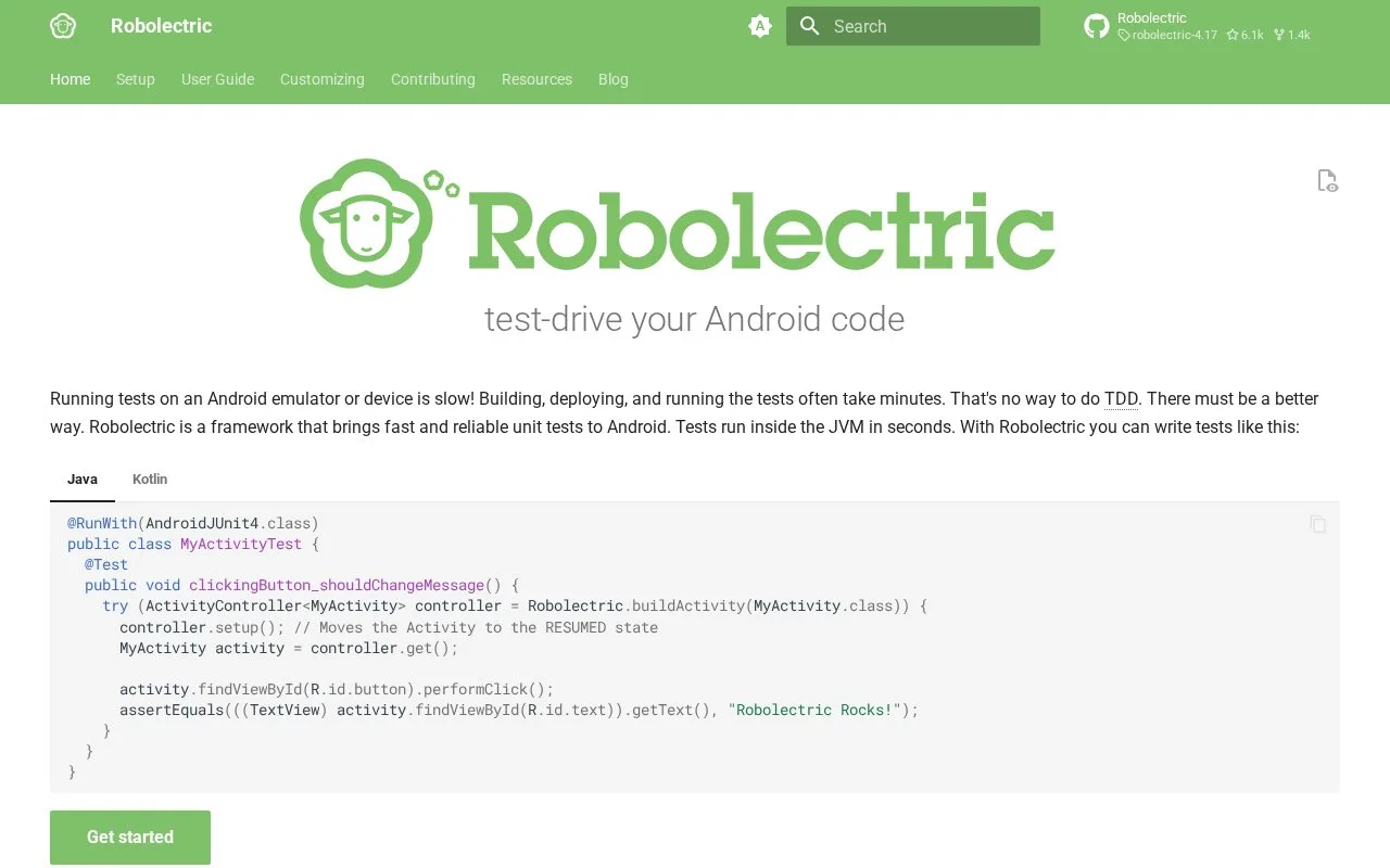 Screenshot of the Robolectric homepage