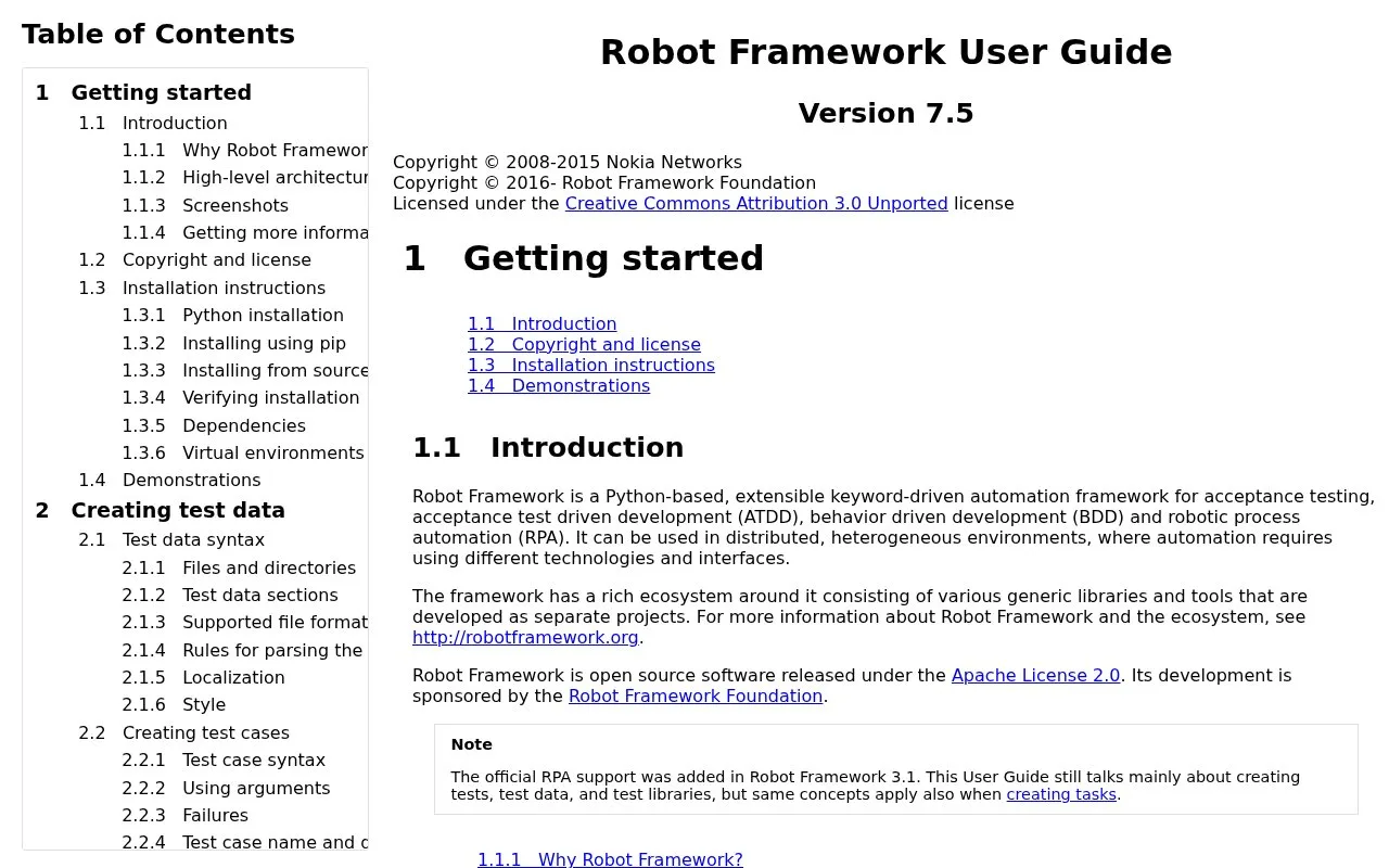 Screenshot of the Robot Framework homepage