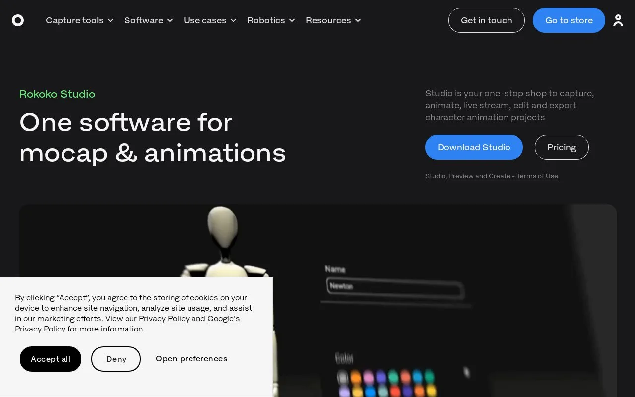 Screenshot of the Rokoko Studio homepage
