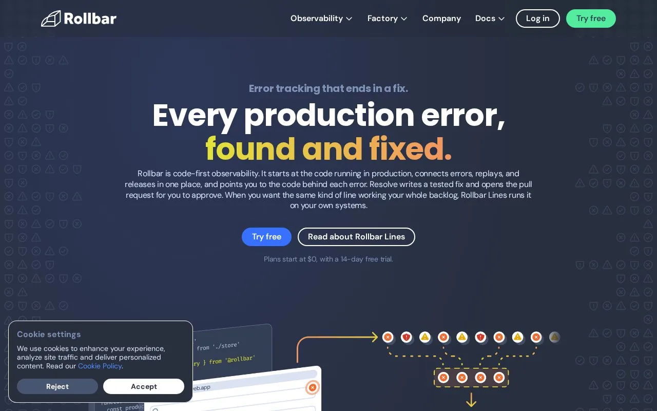 Screenshot of the Rollbar homepage
