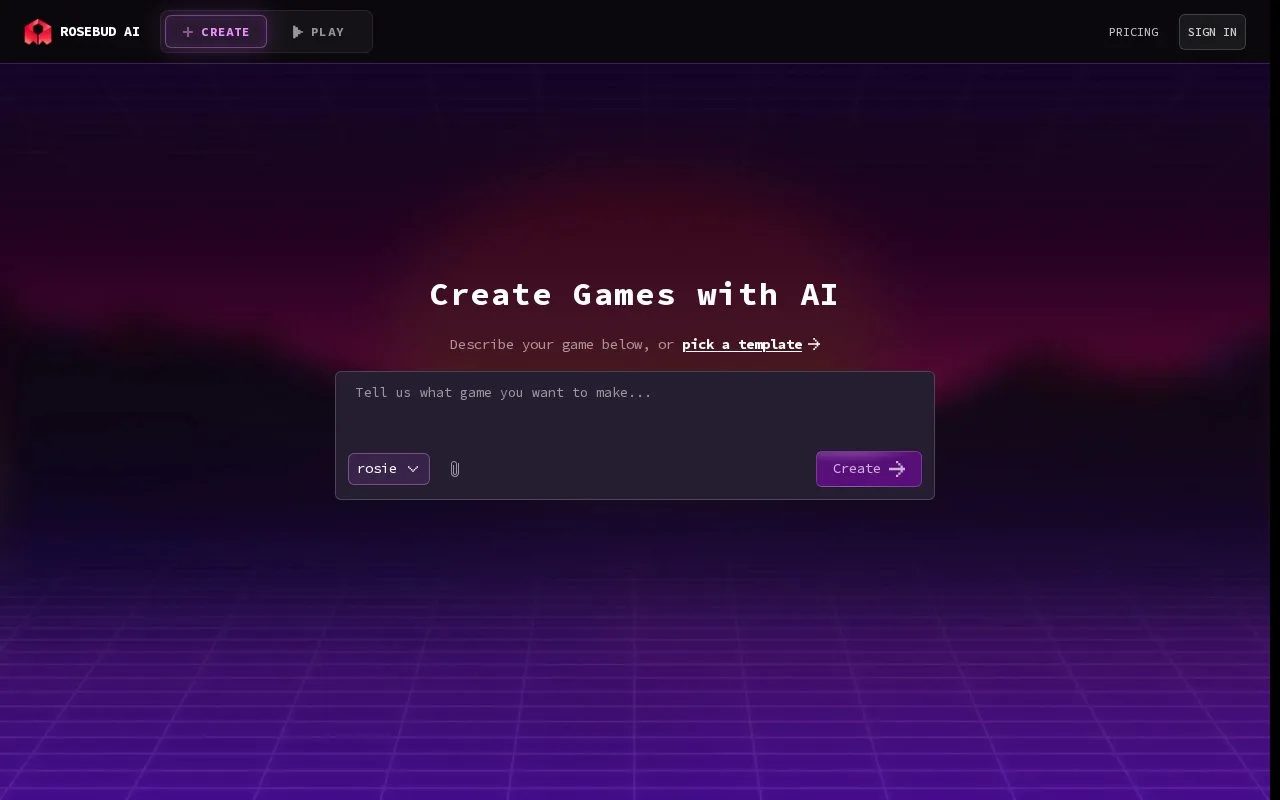 Screenshot of the Rosebud AI homepage