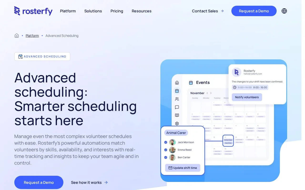 Screenshot of the Rosterfy homepage