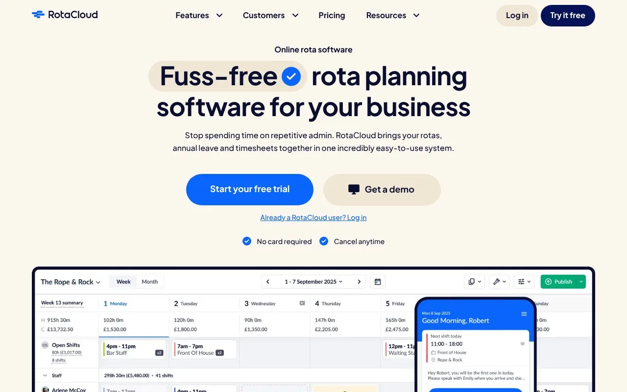 Screenshot of the RotaCloud homepage