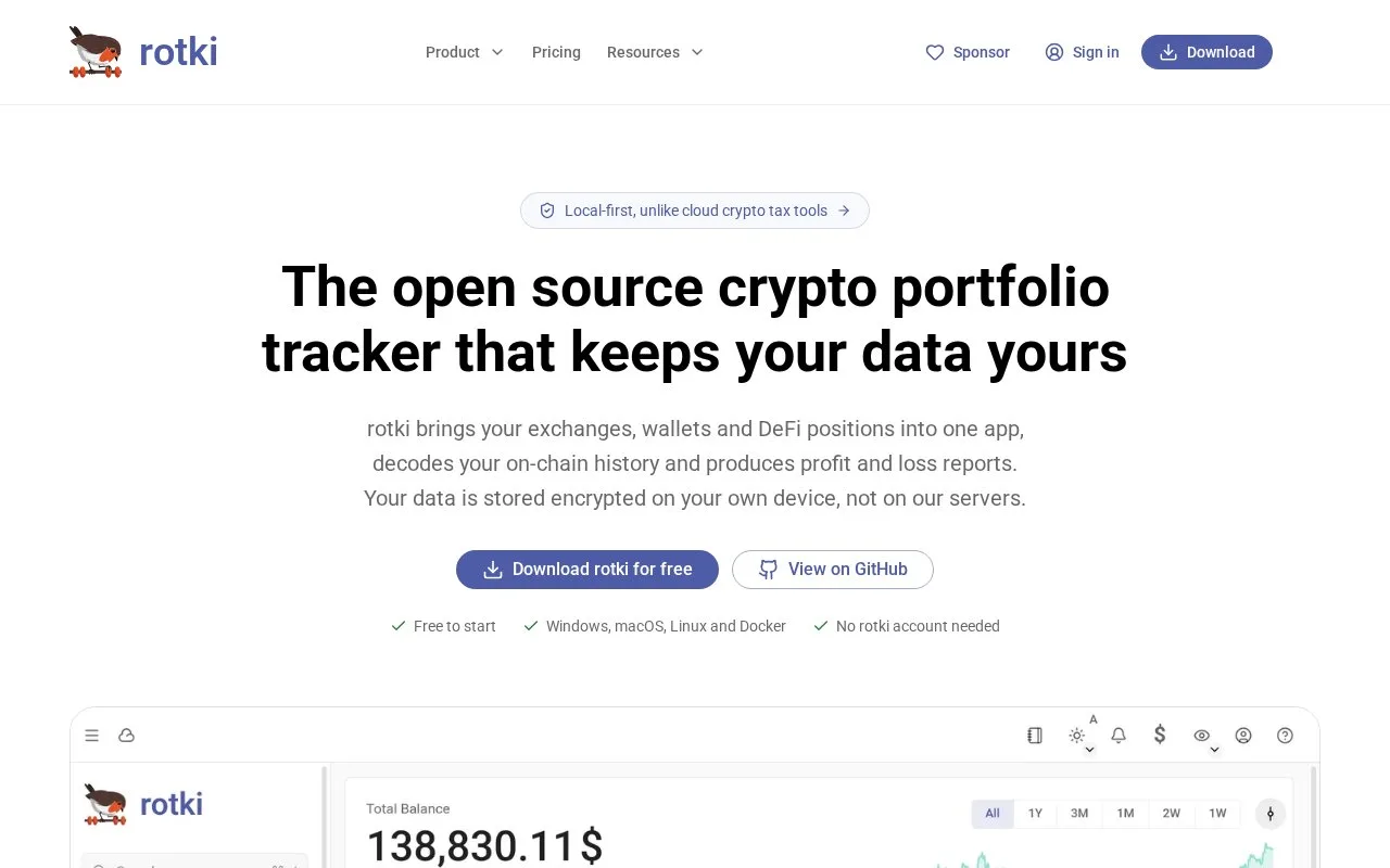 Screenshot of the Rotki homepage