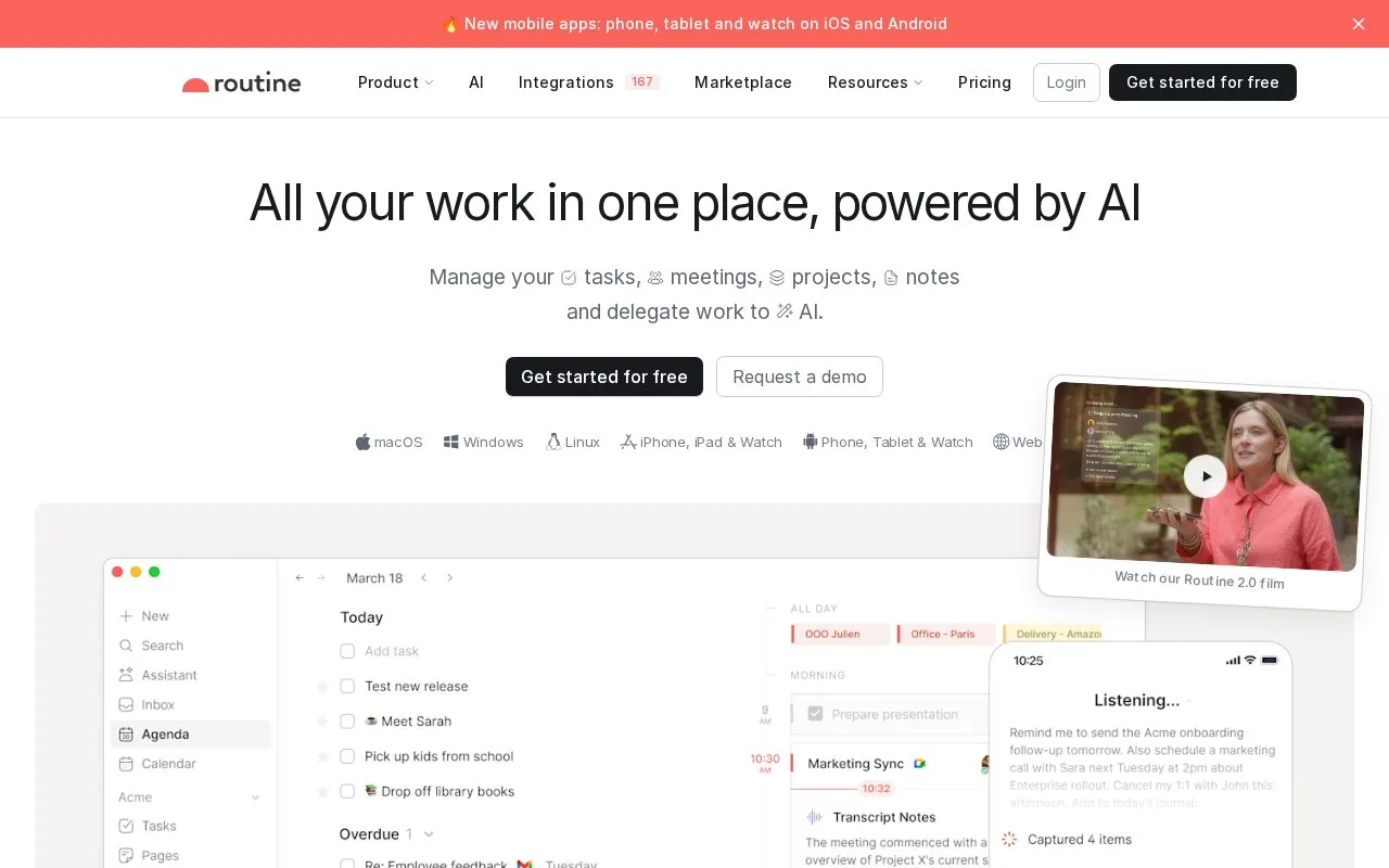 Screenshot of the Routine homepage