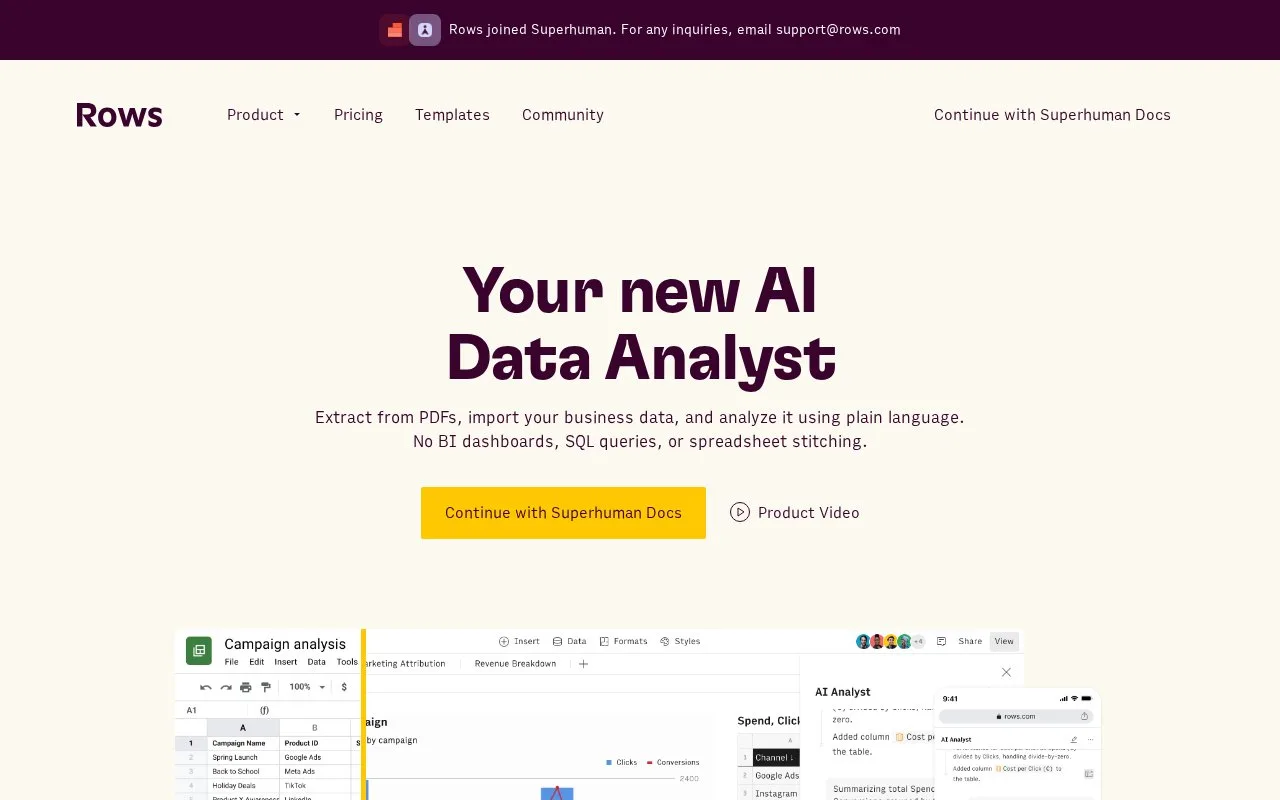 Screenshot of the Rows homepage