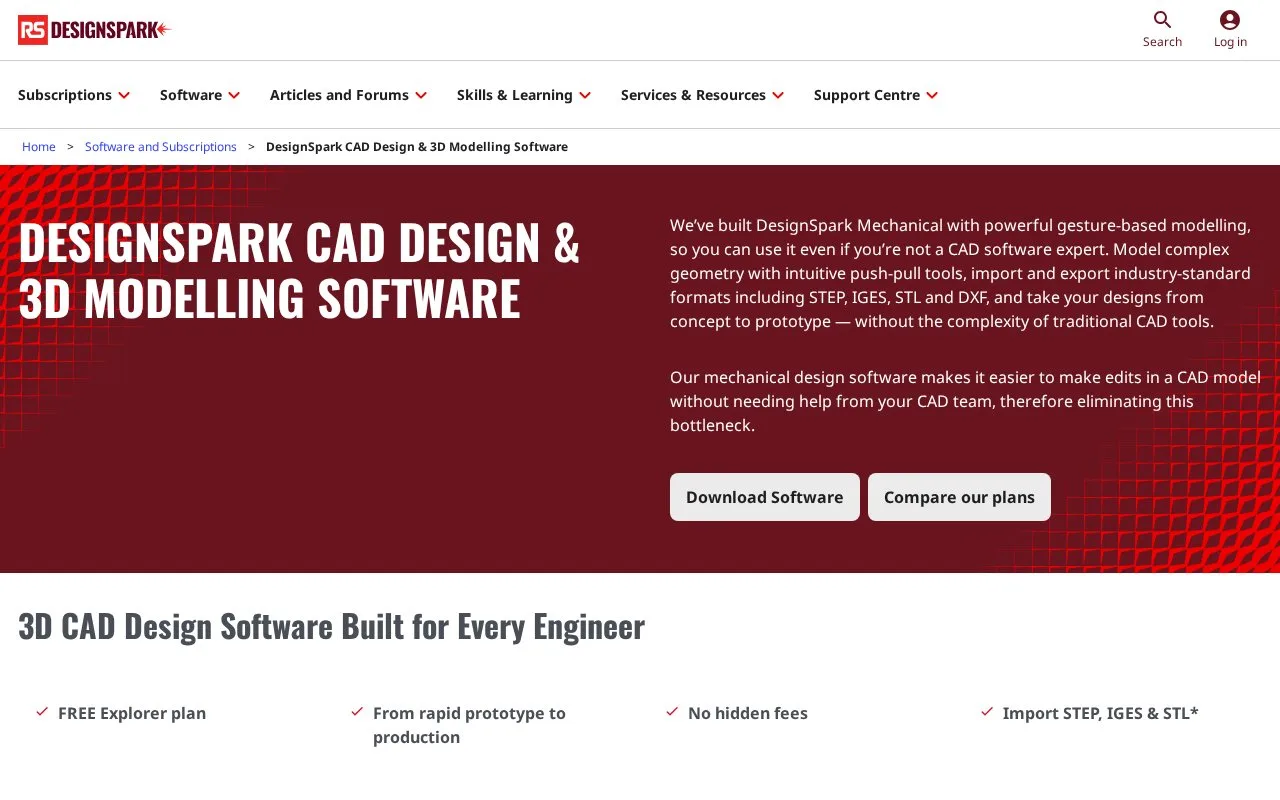Screenshot of the DesignSpark Mechanical homepage