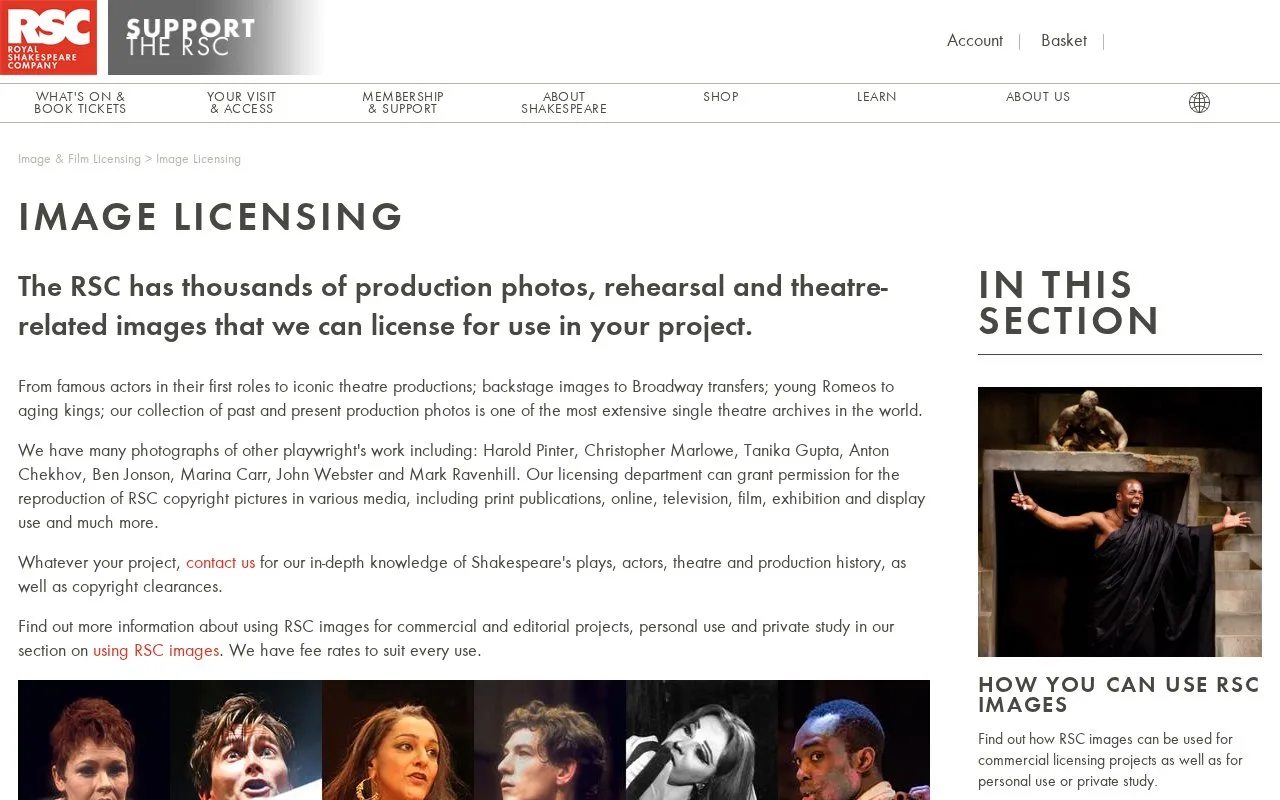 Screenshot of the Royal Shakespeare Company Image Licensing homepage