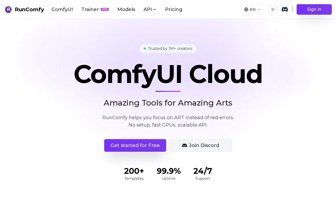 Screenshot of the RunComfy homepage
