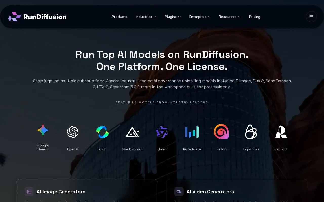 Screenshot of the RunDiffusion homepage