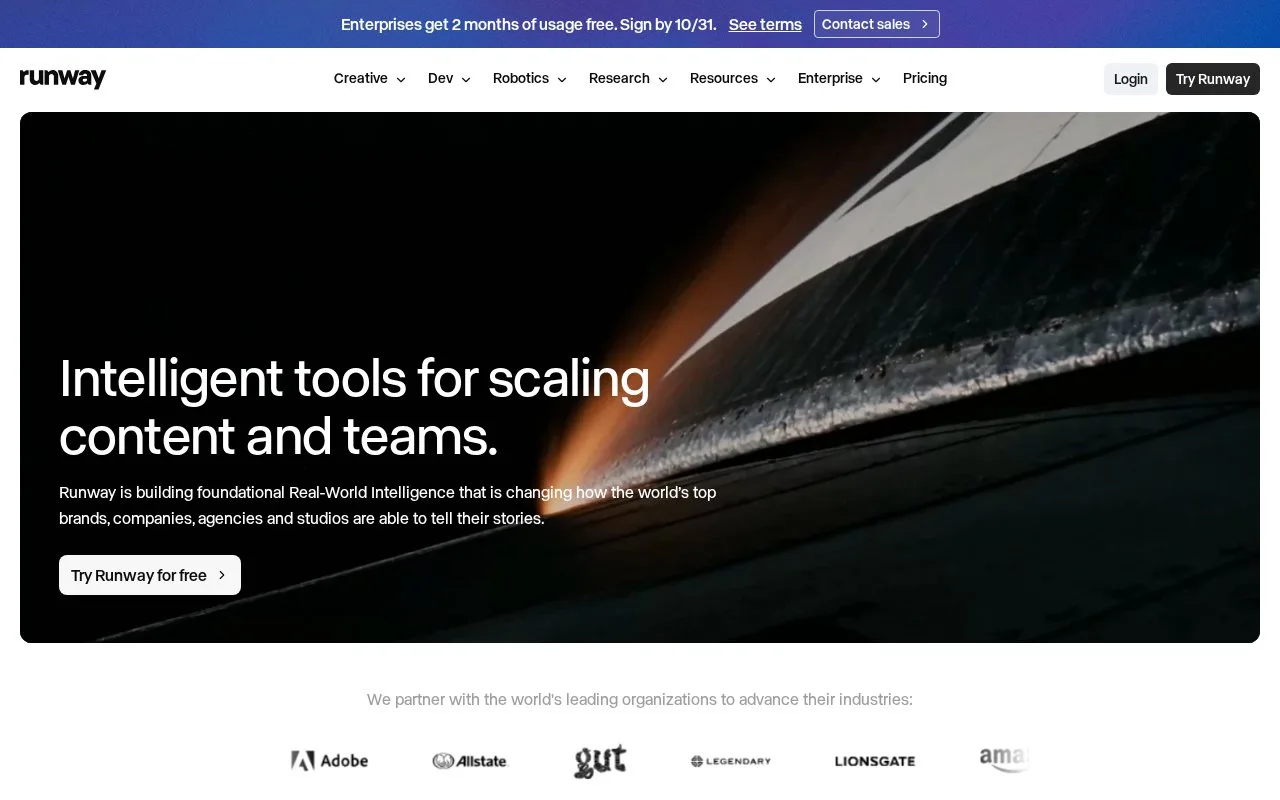 Screenshot of the Runway homepage