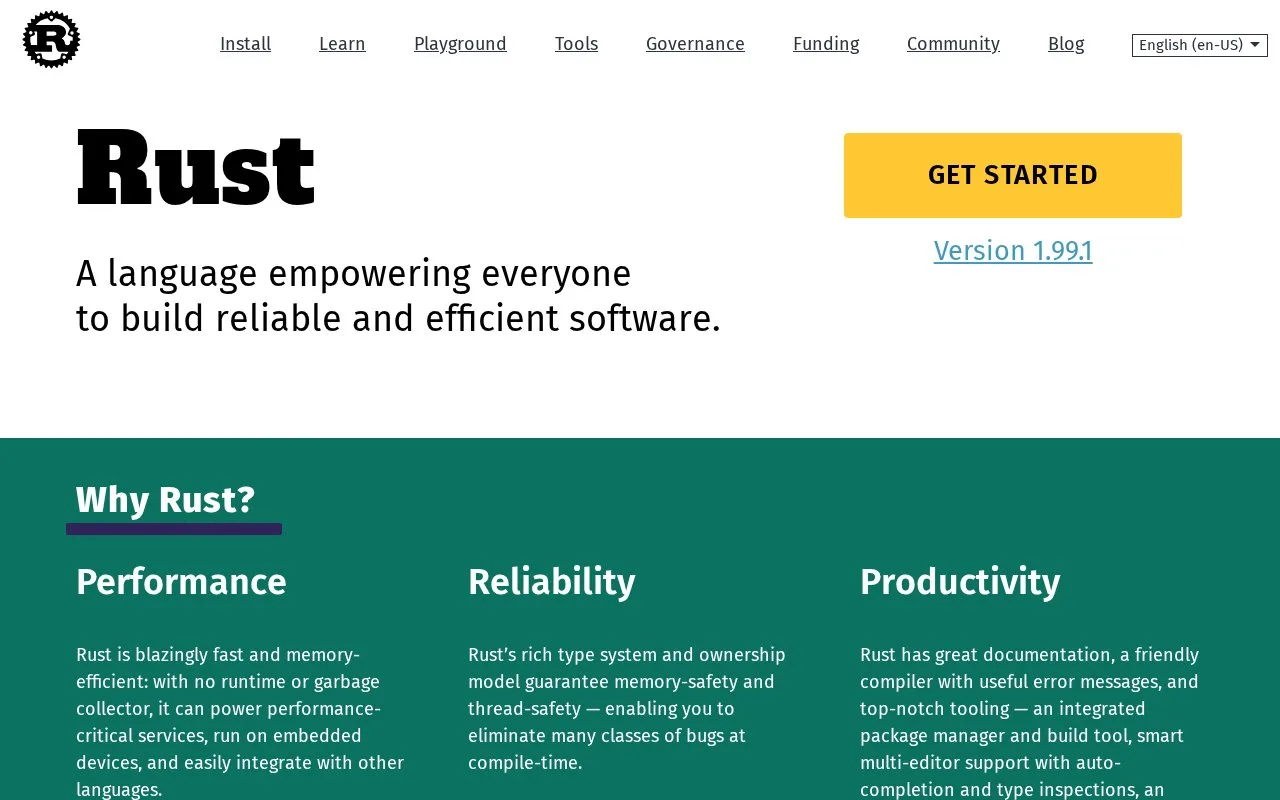 Screenshot of the Rust homepage