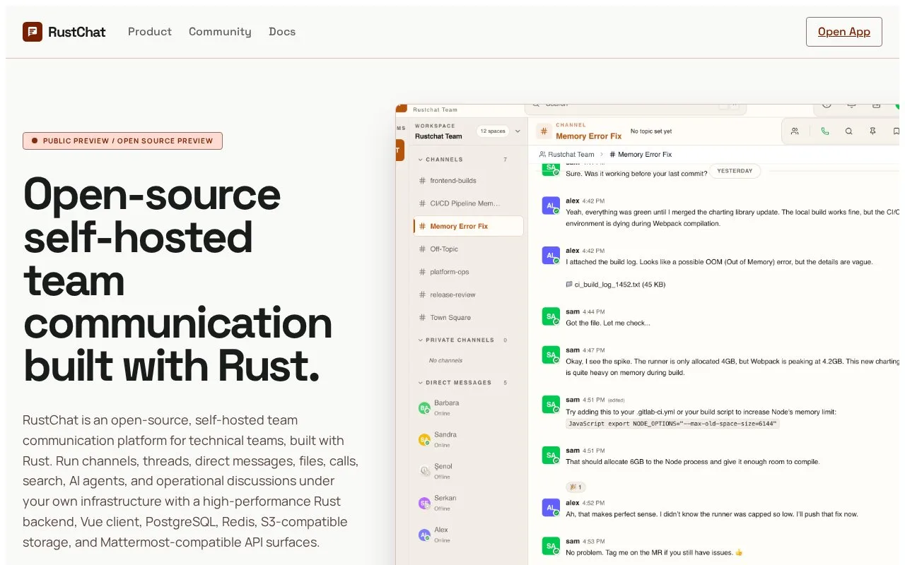 Screenshot of the RustChat homepage