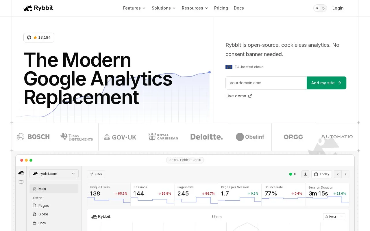 Screenshot of the Rybbit Cloud homepage