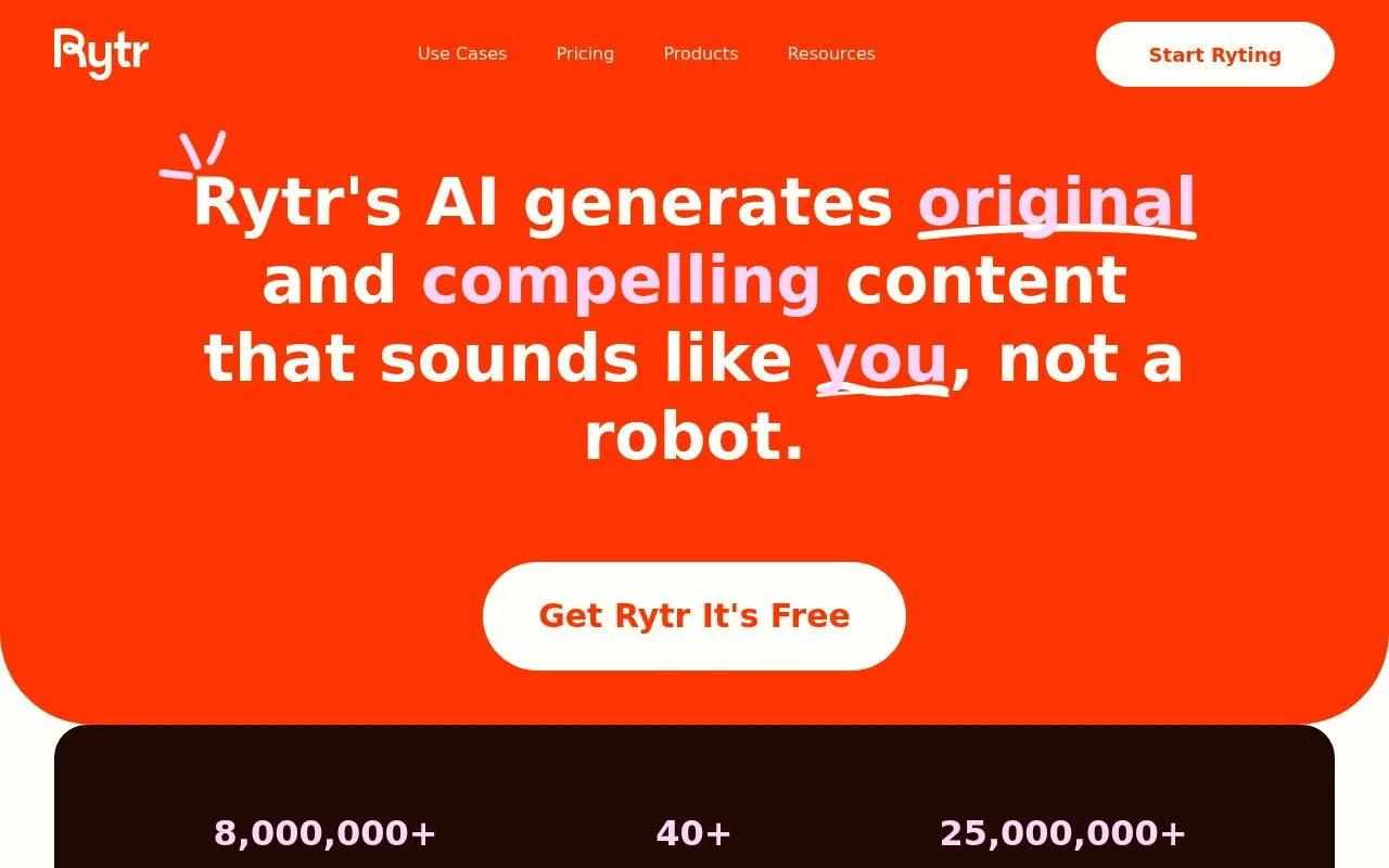 Screenshot of the Rytr homepage