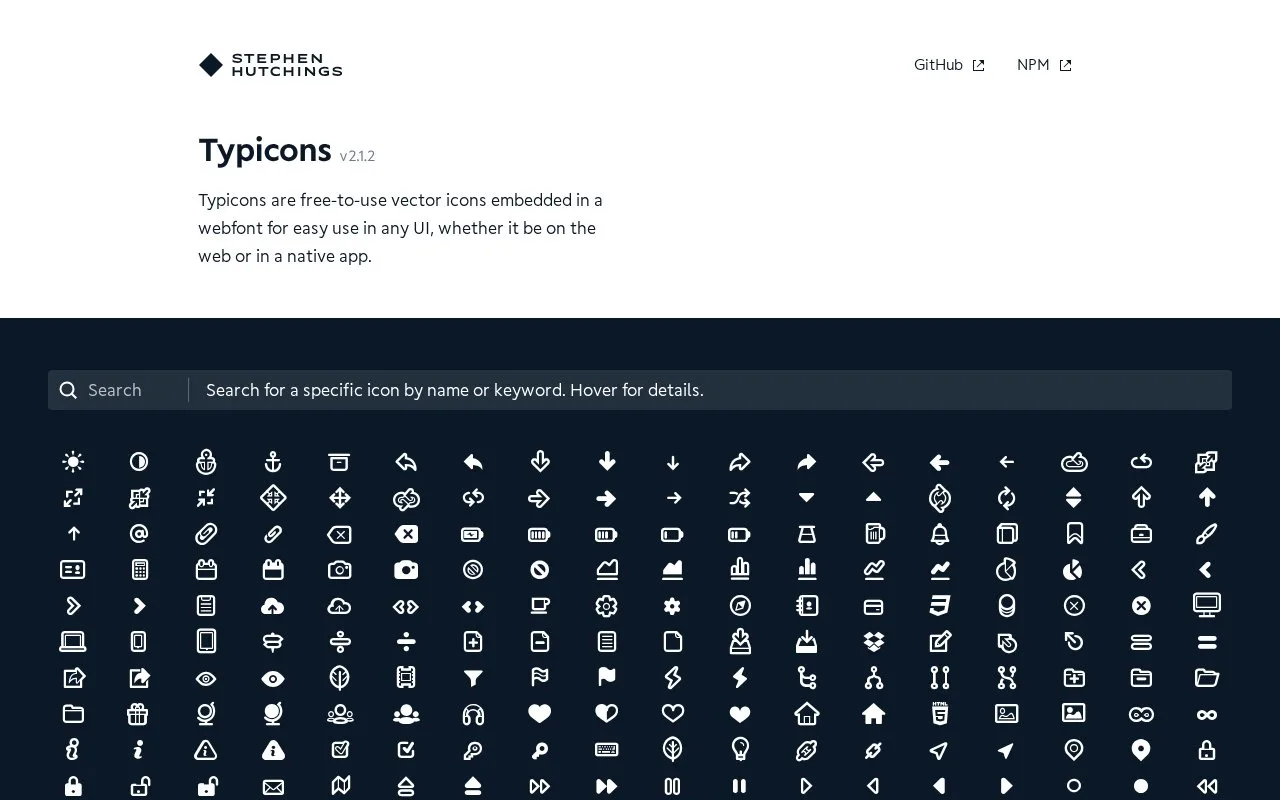 Screenshot of the Typicons homepage