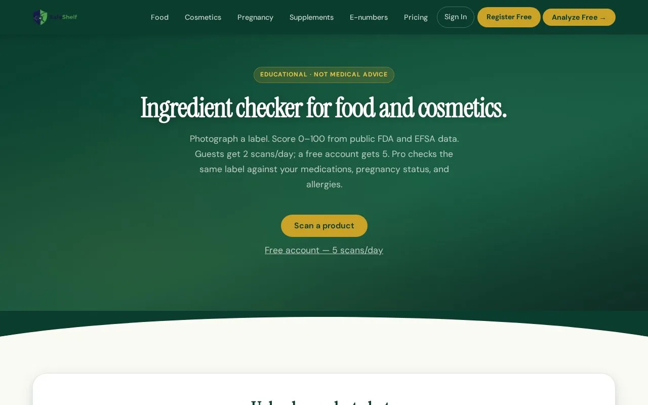 Screenshot of the SafeShelf homepage