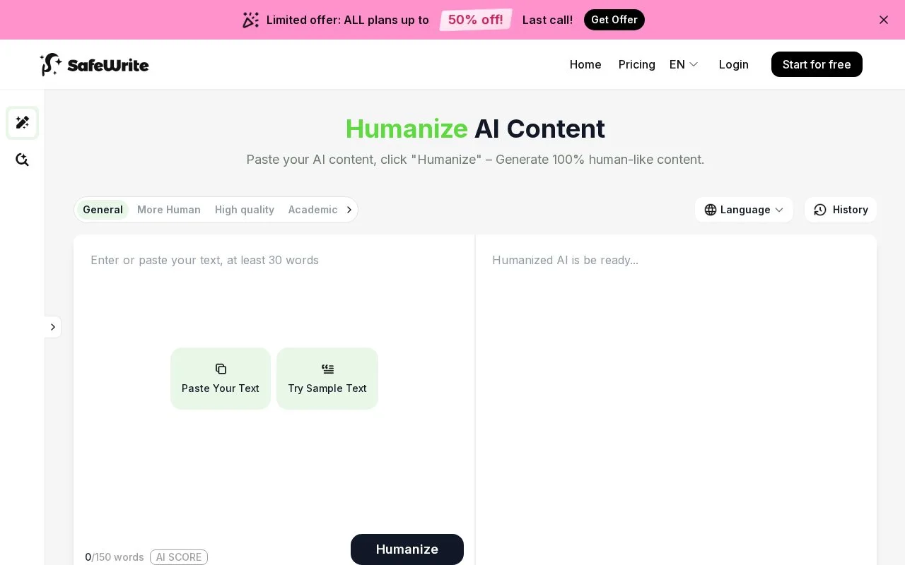 Screenshot of the SafeWrite homepage