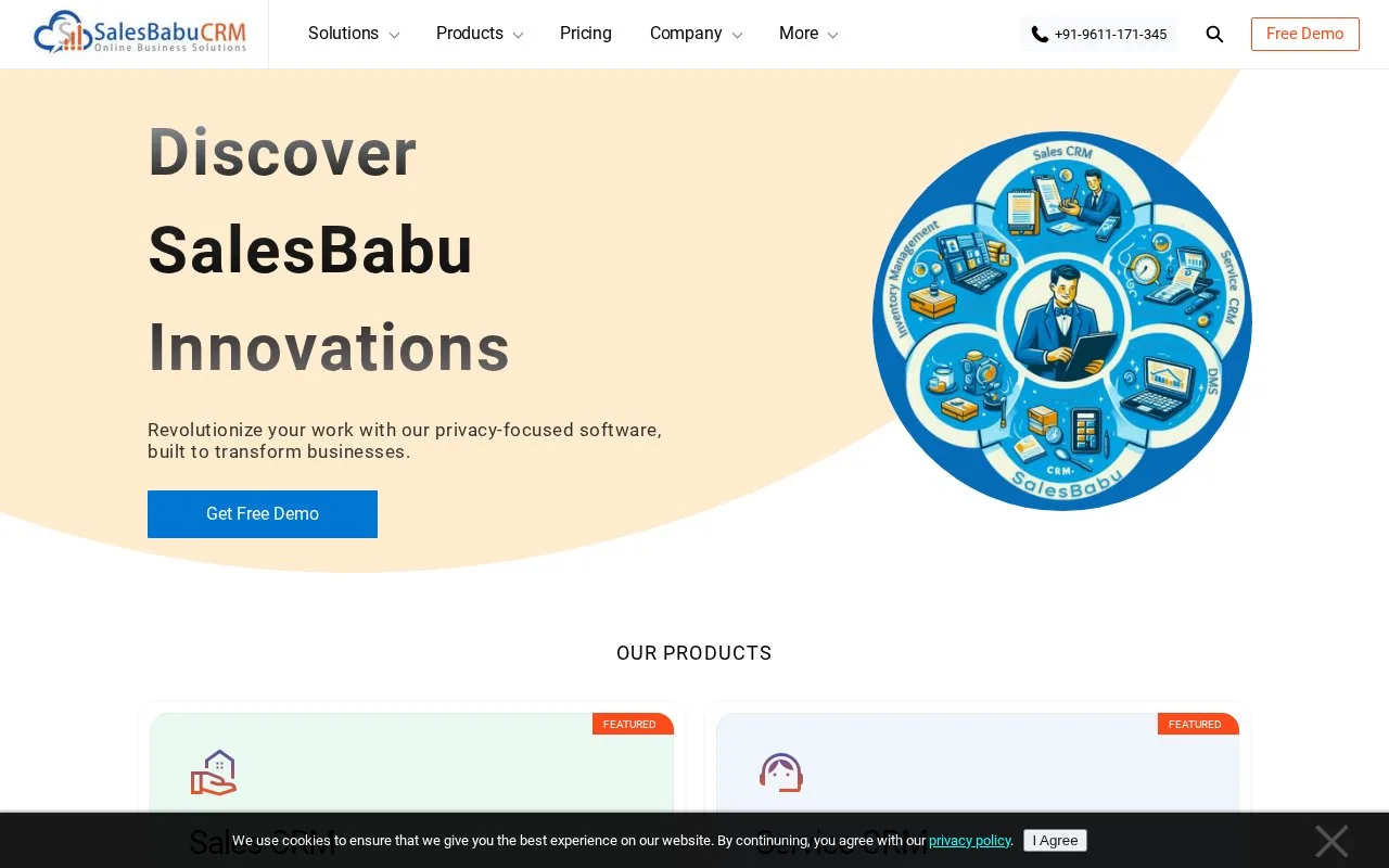 Screenshot of the SalesBabu CRM homepage