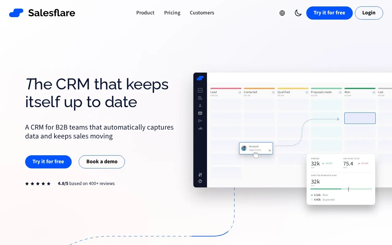 Screenshot of the Salesflare homepage