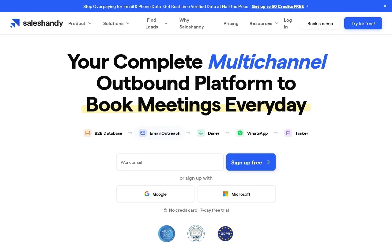 Screenshot of the Saleshandy homepage