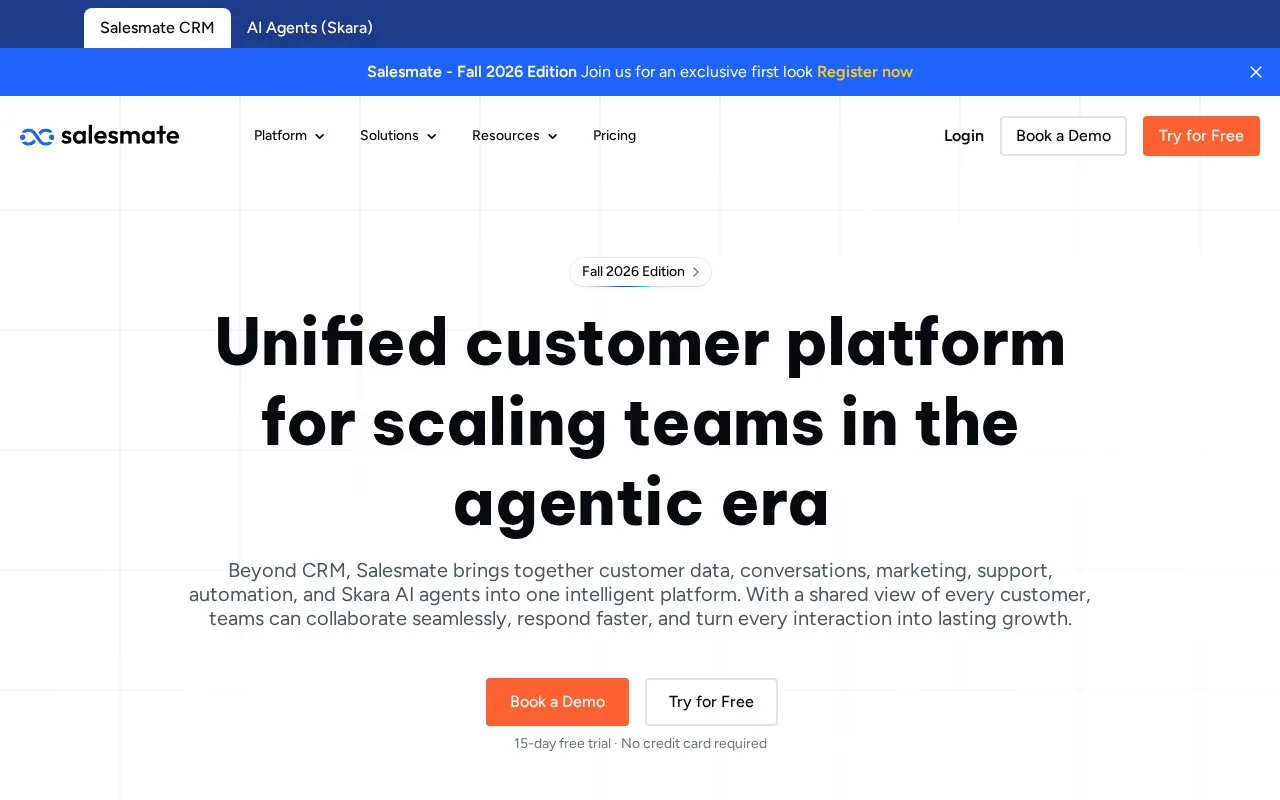 Screenshot of the Salesmate homepage