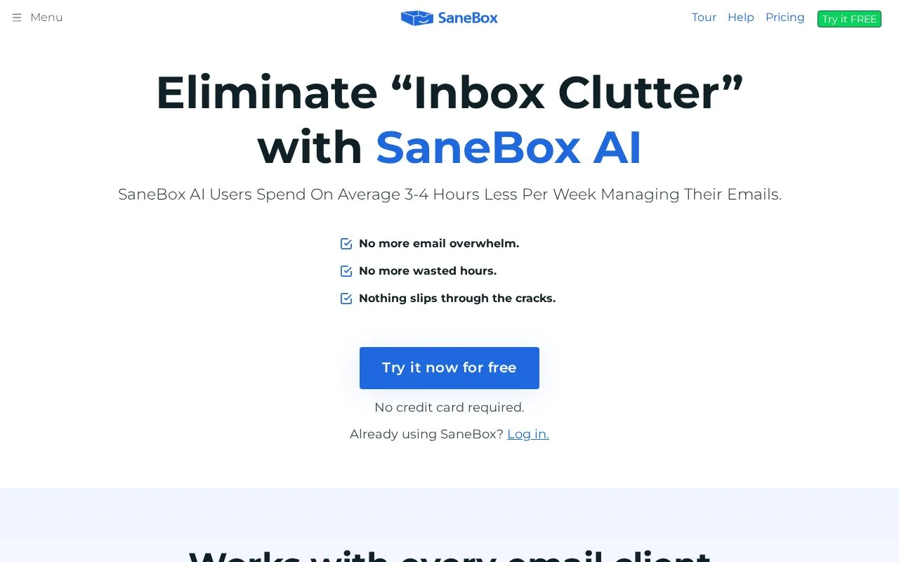 Screenshot of the SaneBox homepage