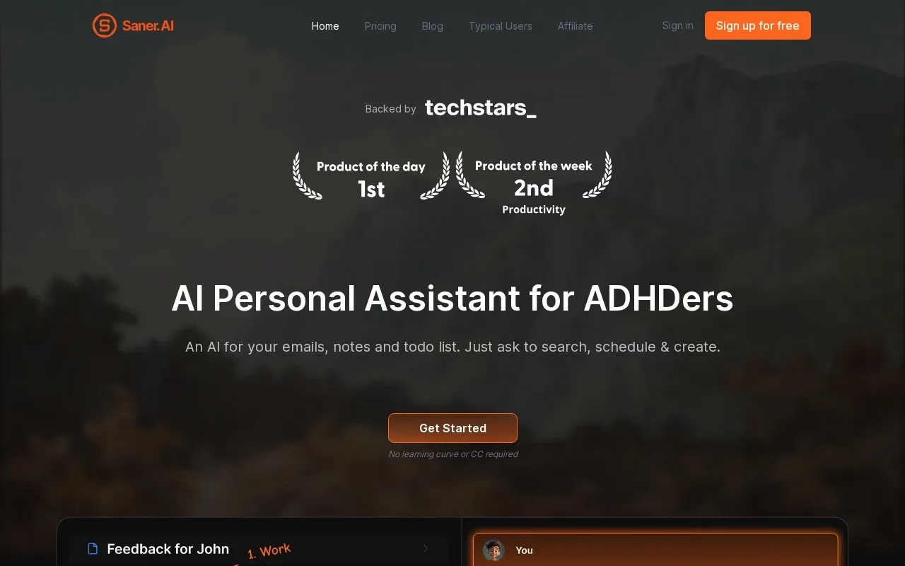 Screenshot of the Saner.AI homepage
