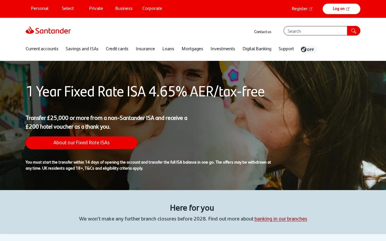 Screenshot of the Santander homepage