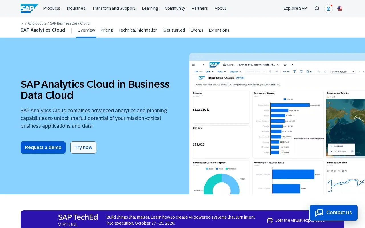 Screenshot of the SAP Analytics Cloud homepage