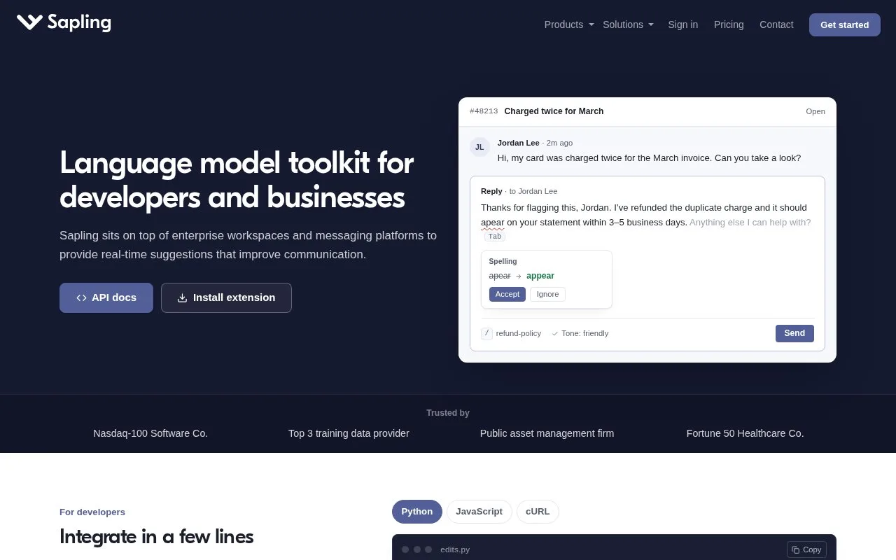 Screenshot of the Sapling homepage